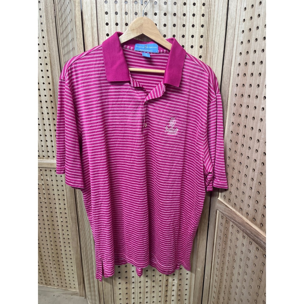Fairway & Greene Mens Golf Polo Shirt LG Pink Stripe Old Course St Andrews